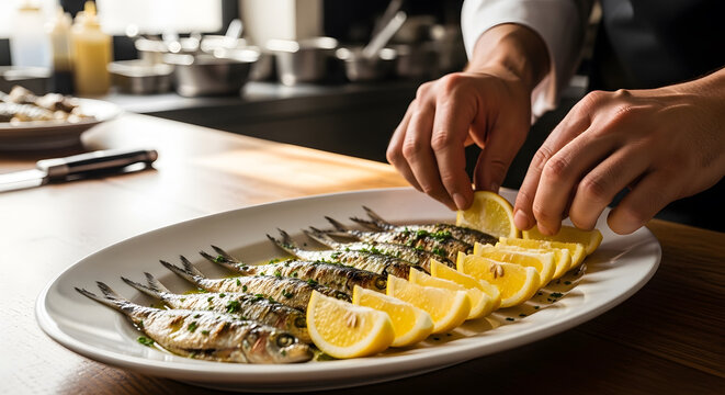 Professional chef hands arranging fresh lemon wedges next to a row of grilled small fish on a long white ceramic platter