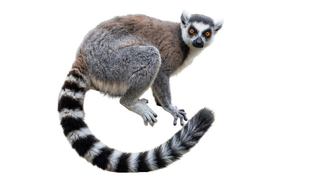 Adorable ring-tailed lemur with striking orange eyes and a long striped tail, gazing directly into the camera.