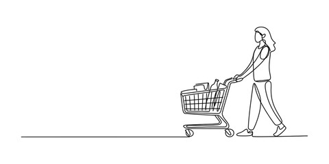 Continuous line drawing of a woman pushing a shopping cart full of groceries in a store. © Badhon_Art Gallery