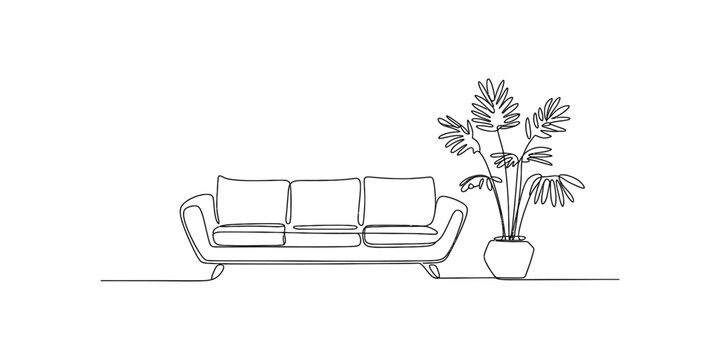 Minimalist continuous line drawing of a modern three seater sofa next to a potted houseplant
