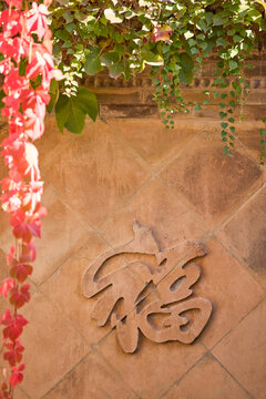 A picture of the Chinese character-Fu carved into a wall