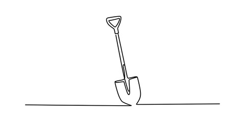 Continuous line drawing of a single shovel stuck in the ground against a white background. © Badhon_Art Gallery