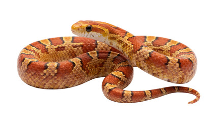 Fototapeta premium A captivating photograph of a vibrant orange and yellow corn snake, looking up, isolated on a transparent background.