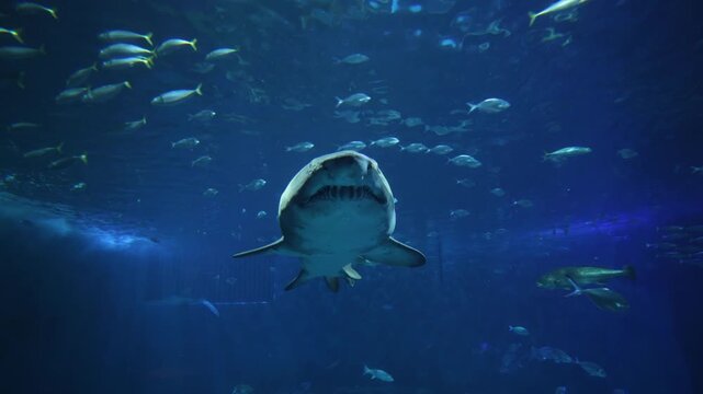 Inside a Spain public aquarium tank, a large shark glides toward the camera, mouth partly open, teeth visible, remoras beneath, schooling fish swirling overhead.