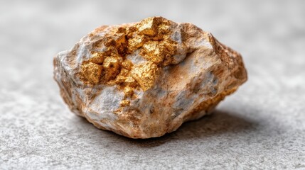 Stunning Close-Up of a Natural Rock with Golden Mineral Deposits on a Gray Background