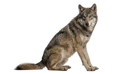 Obraz premium A stunning photograph of a majestic gray wolf, Canis lupus, sitting attentively.