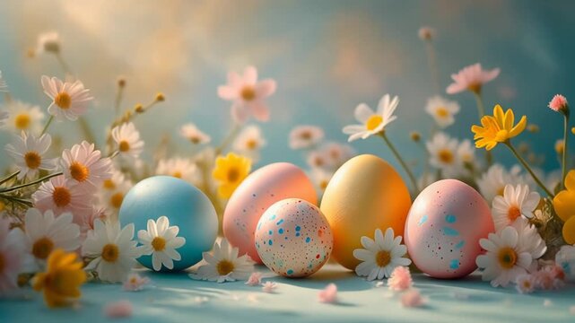 Colorful Pastel Easter Eggs and Daisies in Spring Meadow