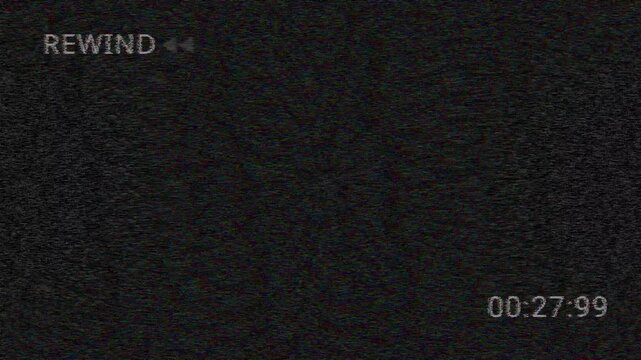 Distorted Vintage VHS defects noise. 4K analog rewind arrows with CRT flicker and signal loss. Premium cinematic glitch overlay for lo-fi projects
