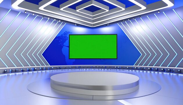 High-tech virtual news studio set with green screen display, modern stage, and futuristic blue lighting.