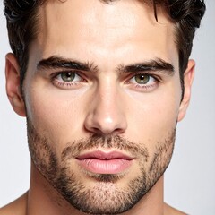 Obraz premium A close-up portrait of a man with brown hair and green eyes