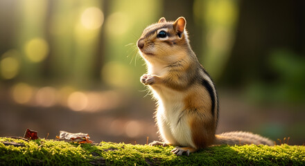 Obraz premium A small striped rodent standing on its hind legs in nature