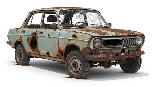 rusty abandoned vintage car in desert wasteland with peeling paint