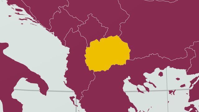 North Macedonia map. Animated zoom into the country on the Globe in Pale Mint Dark Pink color palette. Country logo animation with round text and airplanes. Map with meridians, parallels.