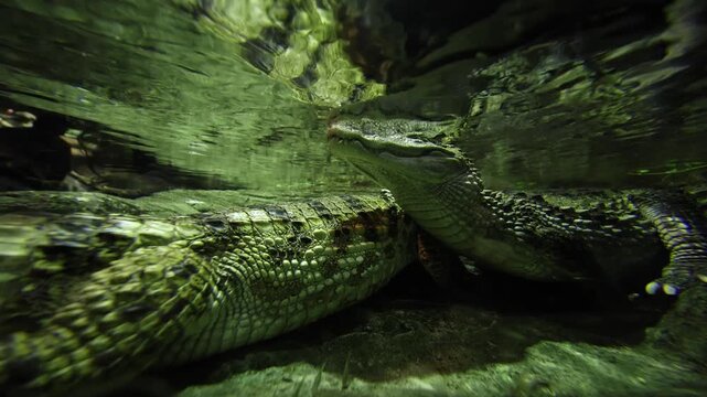 Underwater in Spain, a crocodilian lies low on a rocky floor, snout grazing the surface. Extreme close up shows scaled hide, scutes, mirror like waterline, and slow drift.