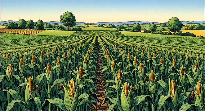 A symmetrical perspective view looking down the rows of a lush corn plantation under a clear sky