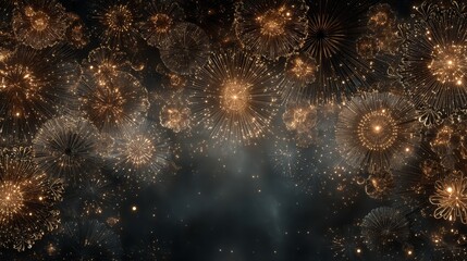 Fototapeta premium Luxurious festive background with golden fireworks, sparkling champagne bubbles, rich velvet and ornate gold patterns, soft spotlight glow, symmetrical design, elegant high-end celebration atmosphere