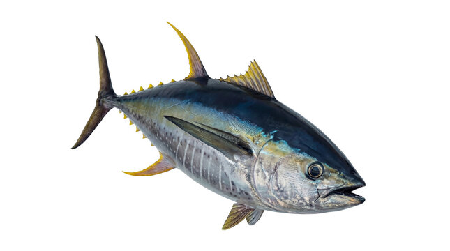 A magnificent 3D render of a vibrant yellowfin tuna fish, meticulously detailed for culinary, fishing.