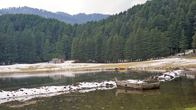 Khajjiar Lake with frozen ice located at Himachal Pradesh Chamba district also called as Mini Switzerland of India