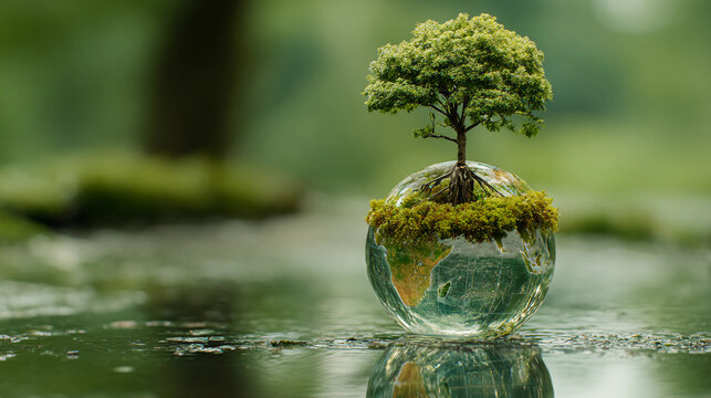 Ecosystem concept with miniature tree growing on glass earth globe over water.