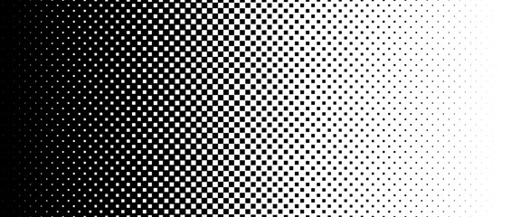 Square pixel halftone gradient texture. Fading checkered gradation wallpaper. Vector repeated raster effect overlay. Abstract vanishing comic pop art backdrop. Black and white squared dot background © vika_k