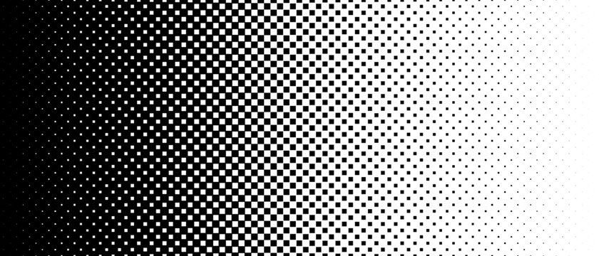 Square pixel halftone gradient texture. Fading checkered gradation wallpaper. Vector repeated raster effect overlay. Abstract vanishing comic pop art backdrop. Black and white squared dot background
