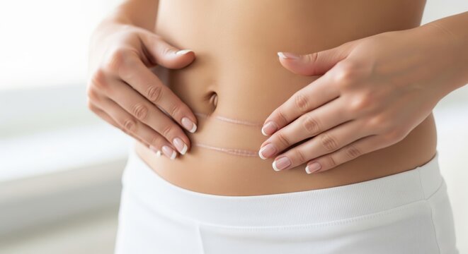 Woman hands framing abdominal surgical scars on her stomach