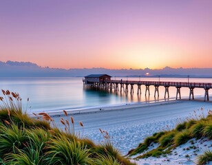 Obraz premium Serene Dawn Coastal Pier with Pastel Sky and Dunes