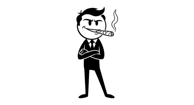Black and white character of a man in a suit smoking a cigar with a confident pose