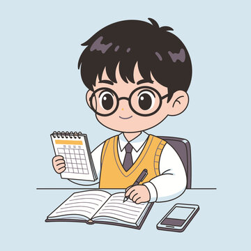 Student Boy with Glasses Studying and Organizing His Schedule with a Calendar and Notebook