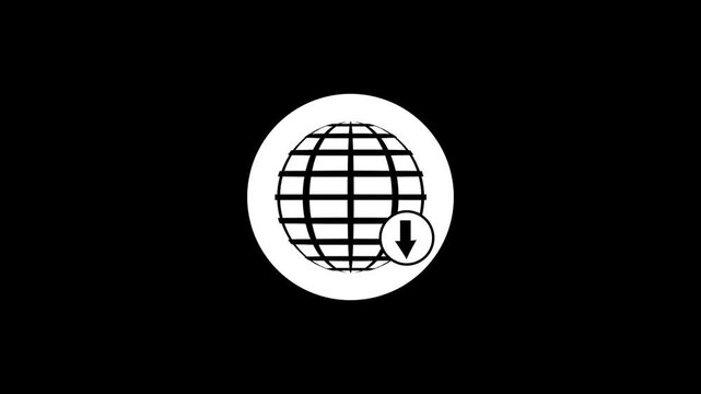 White globe icon with a download arrow inside a white circle on a black background Keywords: globe, world, earth, internet, network, download, arrow, icon, symbol, white, black, circle, technology