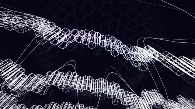 Hexagonal glass prisms undulate in a vast cryptographic lattice, illuminating sequential decryption pathways. Great for fintech and blockchain pitch decks needing a secure, high-end tech loop.