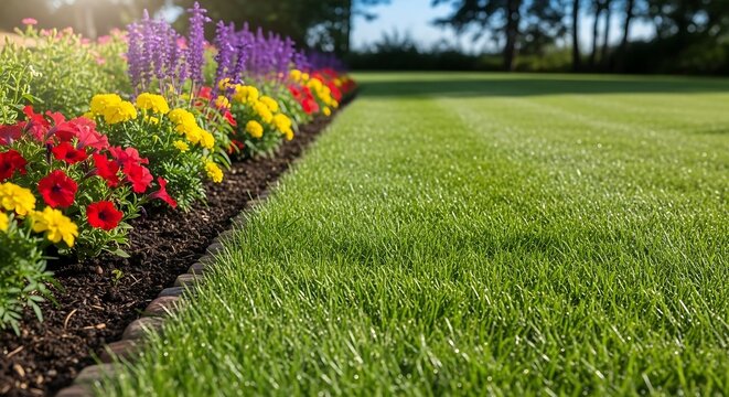 Vibrant garden flowers border lush green lawn with trees in background on sunny day