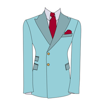 Vector illustration of light blue tuxedo dress with red tie on white background.