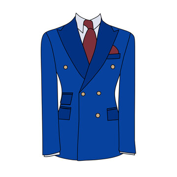 Vector illustration of dark blue tuxedo dress with red tie on white background.