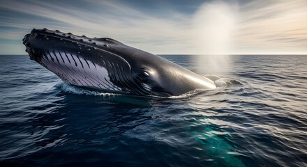 Fototapeta premium Dramatic moment of a humpback whale breaching above the ocean surface creating a powerful splash and spray