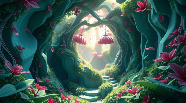 Glimmering Ancient Void: The Hand-Painted Teal Spiral Grove with Luminescent Glass Lanterns and Fantasy Flora.