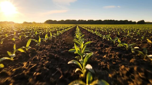 Young row crops representing sustainable farm management and agribusiness