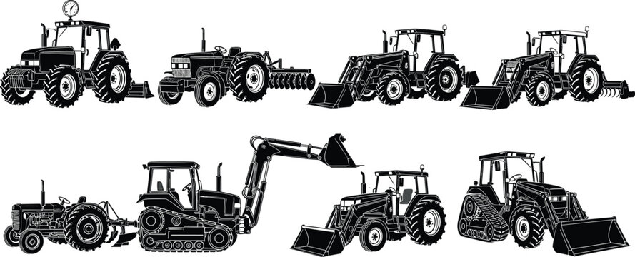 Black and white vector silhouette collection of modern agricultural tractors, heavy machinery, backhoe loaders, and crawler farm equipment isolated on a clean white background.