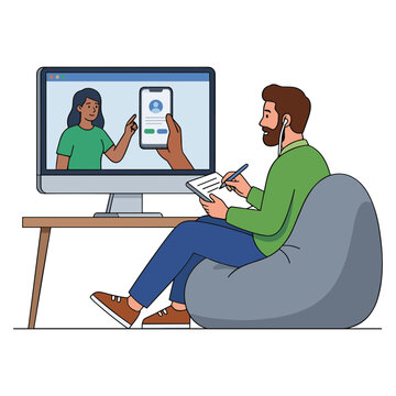 Man sitting on beanbag chair video calling woman on computer screen