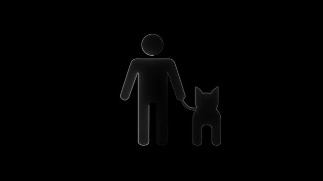 White Outline Silhouette of a Person Walking a Dog on a Black Background animal