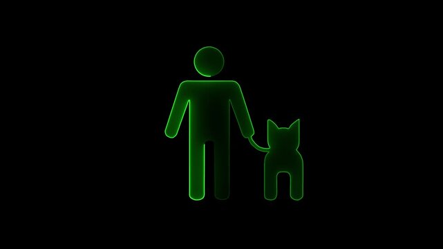 Glowing Green Neon Silhouette of a Person Walking a Dog on a Black Background animal