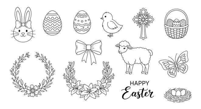 Collection of hand drawn easter icons featuring bunny chick lamb eggs basket wreath and cross for festive spring