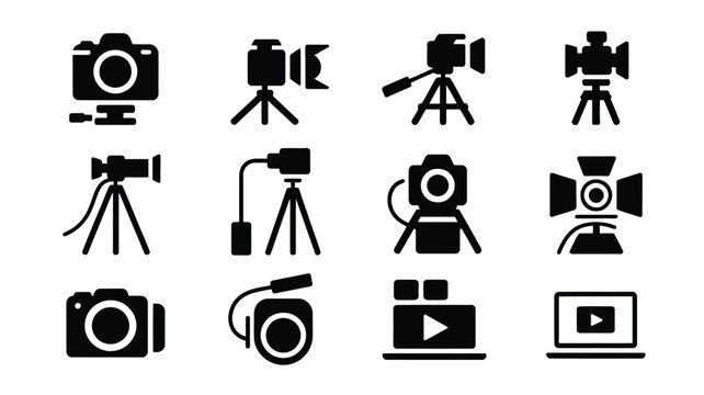 Various photography and video creation equipment icons on white background