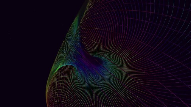 Abstract parametric surface mathematical visualization in a 4K seamless loop. Glowing neon pink and amber wireframe geometry for science documentaries, academic media, and premium tech presentations.