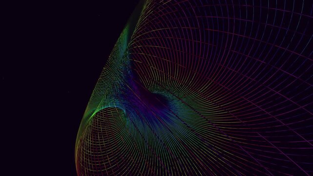 Hypnotic Dupin cyclide topological surface undergoing projective inversion. This dense glowing crimson parametric wireframe seamless loop is perfect for science visualization and mathematical art 4K