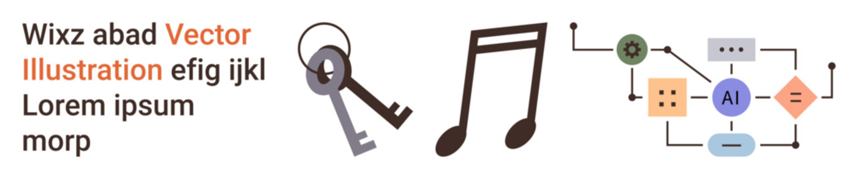 Security, music, AI systems, education, technology, innovation. A key, musical note and AI flowchart graphic on a white background. Security and music-related concepts