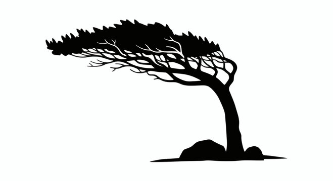 Stylized black silhouette of a graceful windblown tree with bending branches standing firm against the elements