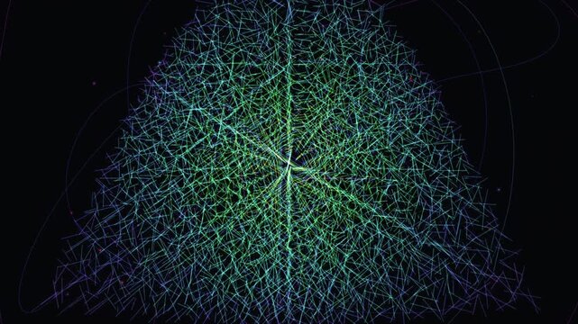 Seamless 4K loop of a volumetric metallic needle lattice pivoting in sync with a Gyroid minimal surface gradient. Weighty synchronized motion. Ideal for tech, AI, and data center visuals.