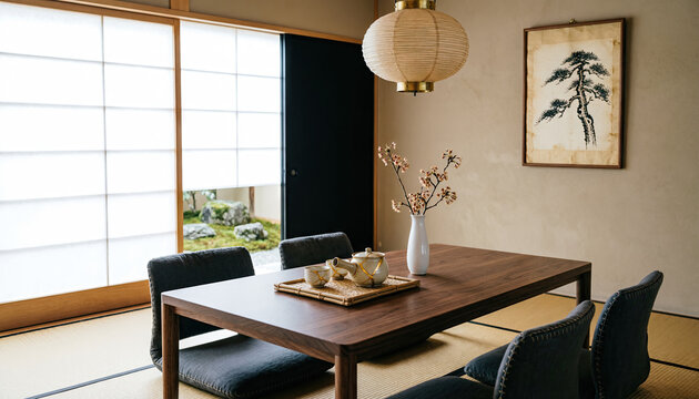 A minimalist Japanese dining room with a walnut table, shoji window, and ceramic tea set. Generative AI