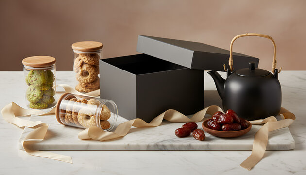 Luxury Ramadan gift hamper with traditional dates, jars of cookies, and a black teapot on a marble surface